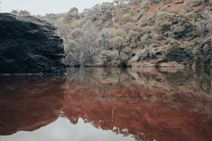 A wide shot of the Yarra river. There is a large rock formation on the left and trees on the banks of the river.