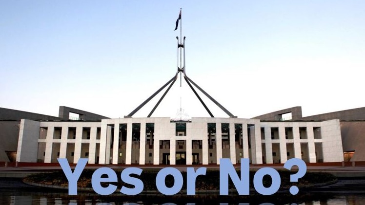 The words 'Yes or No' are imposed against a photograph of Parliament House in Canberra.