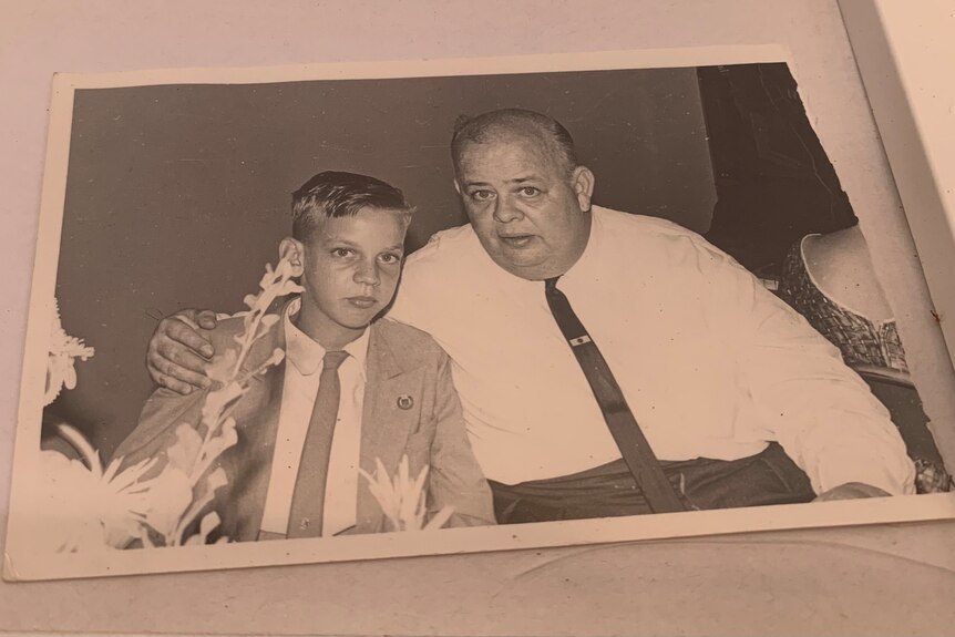 An image of an old photograph of Glen O'Brien when he was a child with his father William Cooper O'Brien