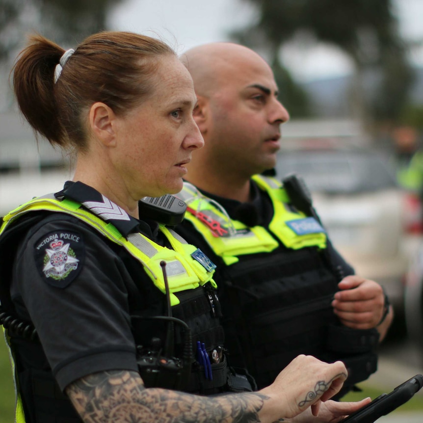 Two police officers complete a domestic violence assessment on an iPad beside a police car.