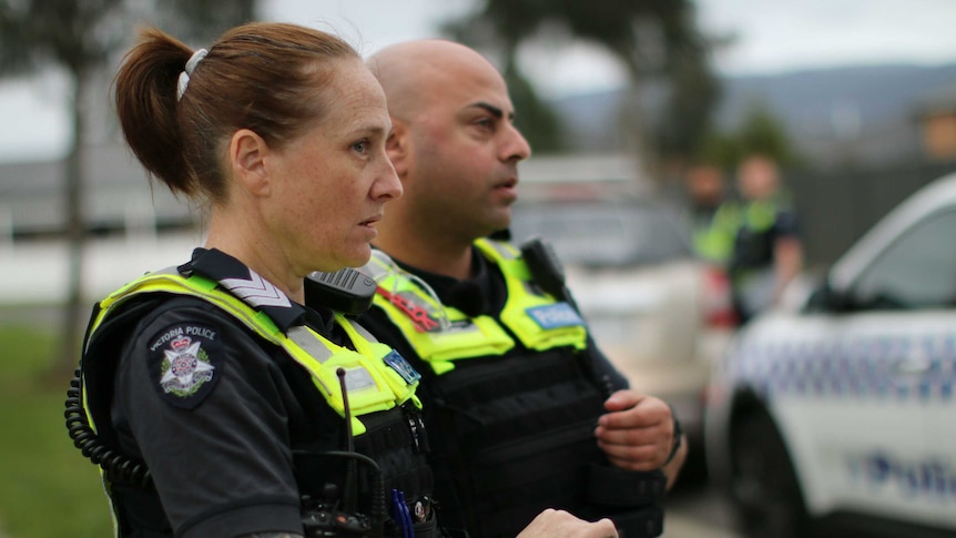 Two police officers complete a domestic violence assessment on an iPad beside a police car.