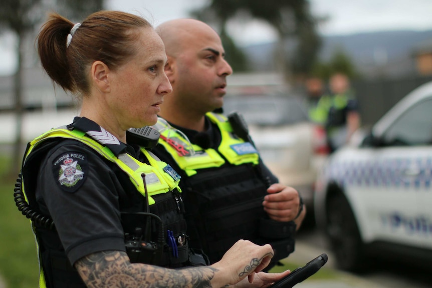 Two police officers complete a domestic violence assessment on an iPad beside a police car.