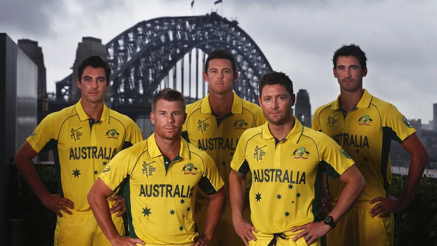 Michael Clarke, David Warner, Pat Cummins, Josh Hazlewood and Mitchell Starc pose in Australia's World Cup kit