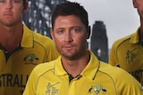 Michael Clarke, David Warner, Pat Cummins, Josh Hazlewood and Mitchell Starc pose in Australia's World Cup kit