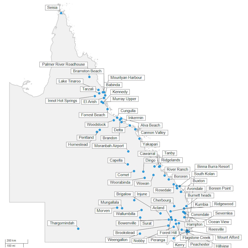A map showing the location of 4G small cell installation locations across Queensland.