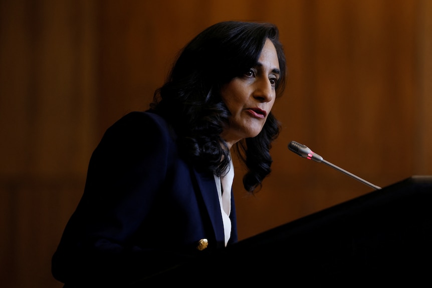 Anita Anand speaks at a podium. 