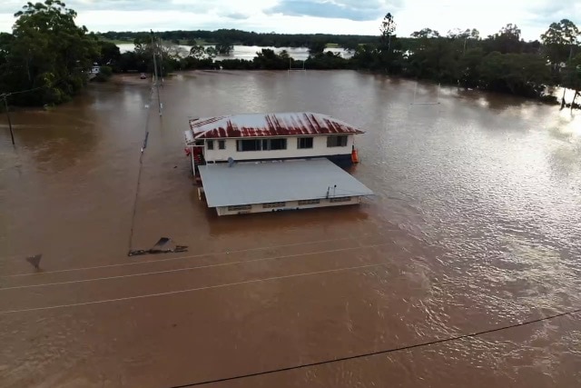 A drone picture from above the clubhouse in flooded water.