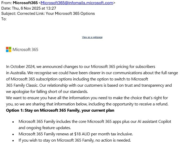 A screenshot of an email from Microsoft