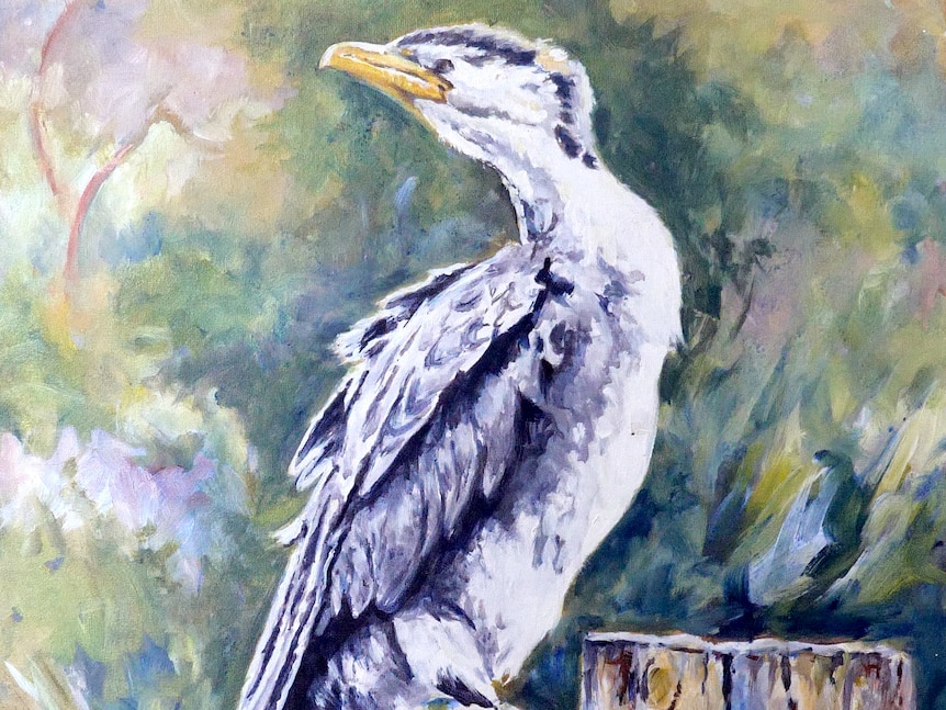 Painting of a grey-blue coloured bird craning it's neck backwards while perched on a log.