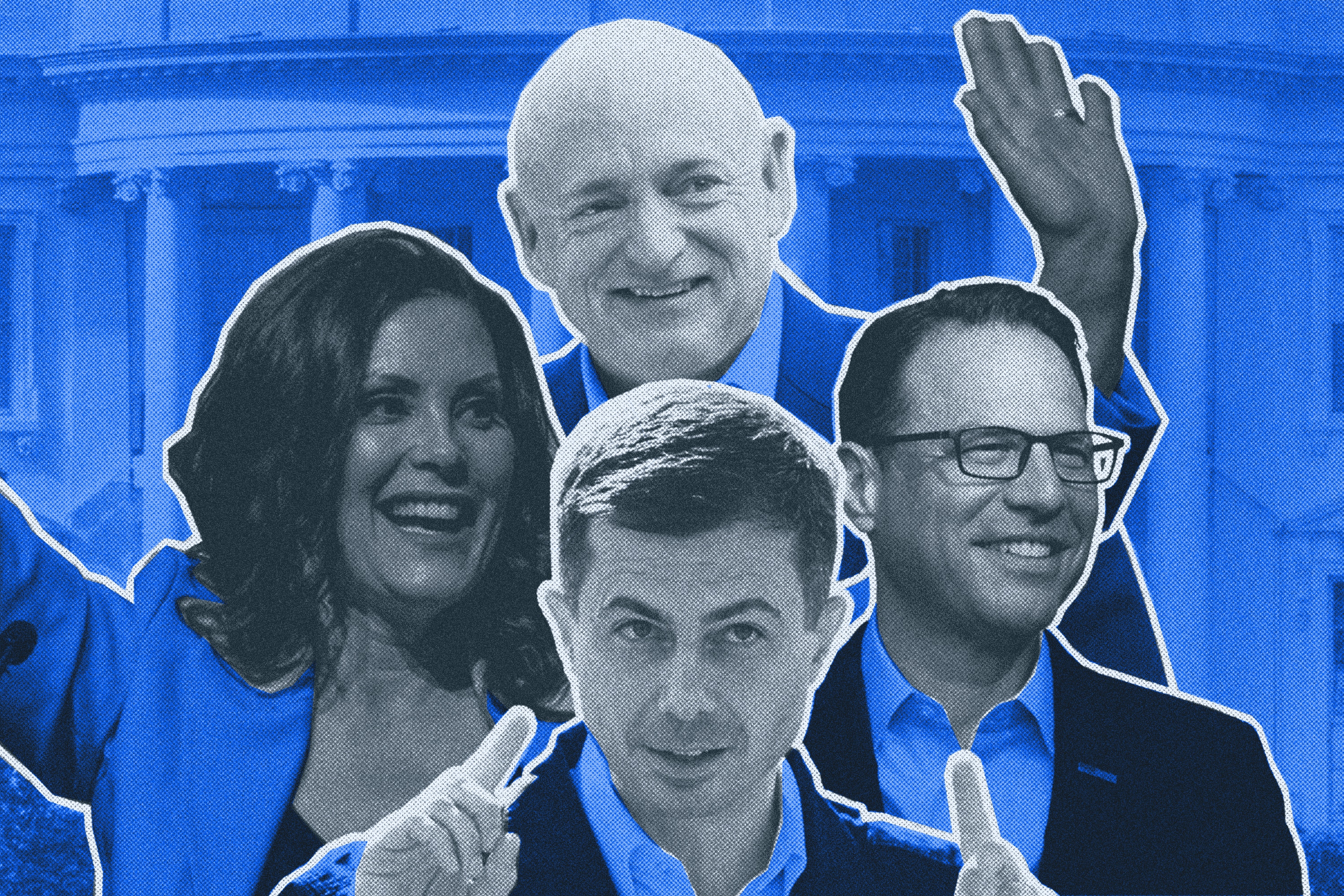 A composite of Gretchen Whitmer (left), Mark Kelly (top), Josh Shapiro (right), and Pete Buttigieg (bottom)