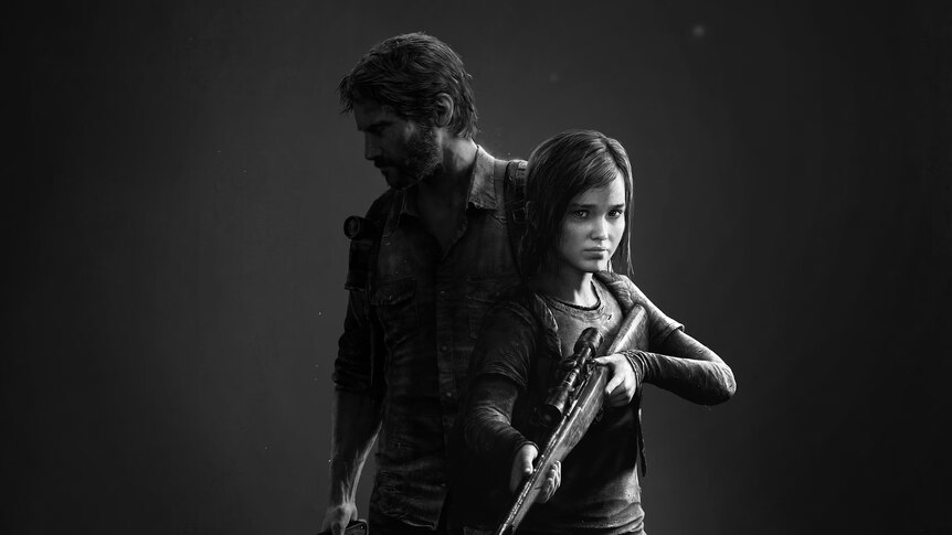 Black and white image of a grizzled man and a teenage girl carrying a shotgun.