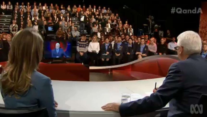 Host Tony Jones and guest Katy Tur look out at the Q&A audience.