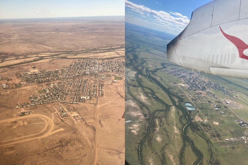 Two photos taken from the air comparing what Longreach looked like before and after the drought