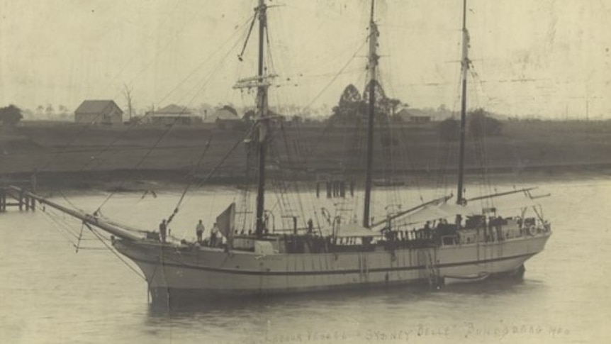 Black-and-white photo of a vessel that bought South Sea Islanders from Pacific Islands to Australia to work in cane fields.