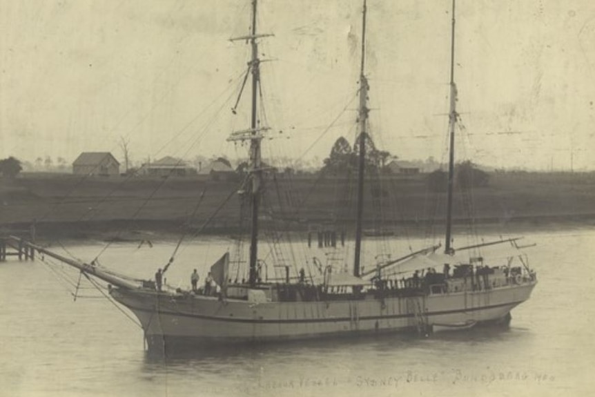 Black-and-white photo of a vessel that bought South Sea Islanders from Pacific Islands to Australia to work in cane fields.