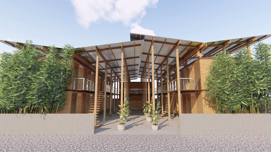 An artist's impression of the outside of low-cost bamboo housing.