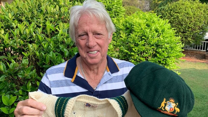 Former fast bowler Jeff Thomson with his baggy green cricket cap and jacket.