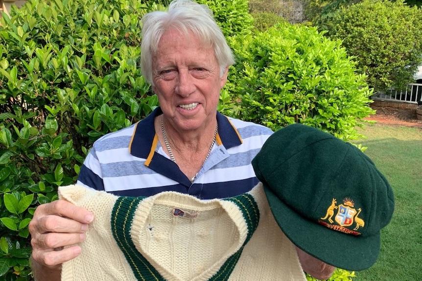Former fast bowler Jeff Thomson with his baggy green cricket cap and jacket.
