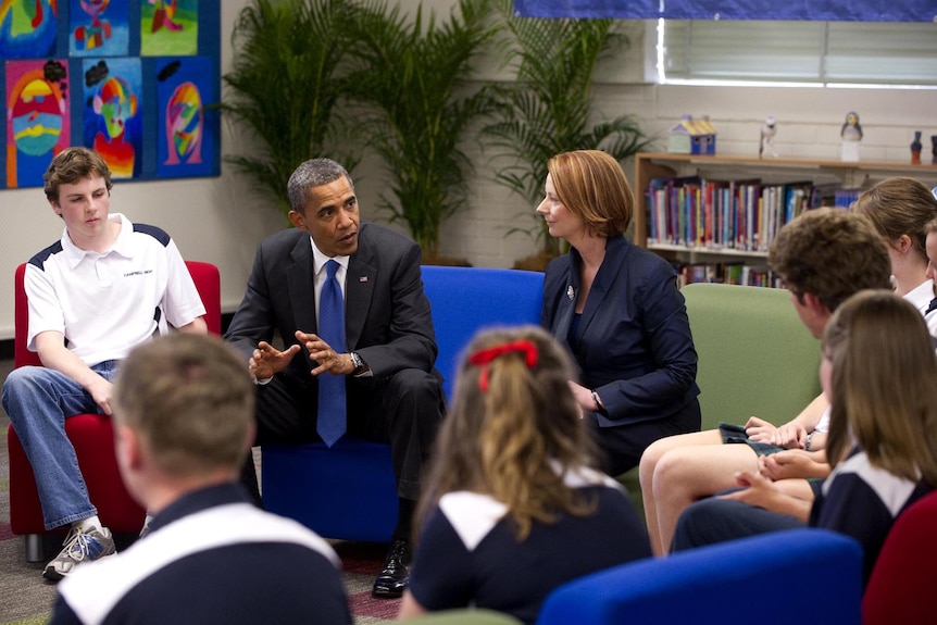 Barack Obama and Julia Gillard speak with students at Campbell High School, Canberra.