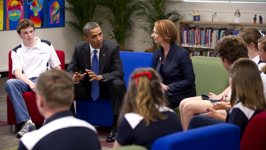 Barack Obama and Julia Gillard speak with students at Campbell High School, Canberra.