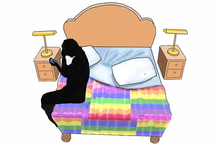 An illustration shows a person sitting on the edge of a bed, holding a phone.