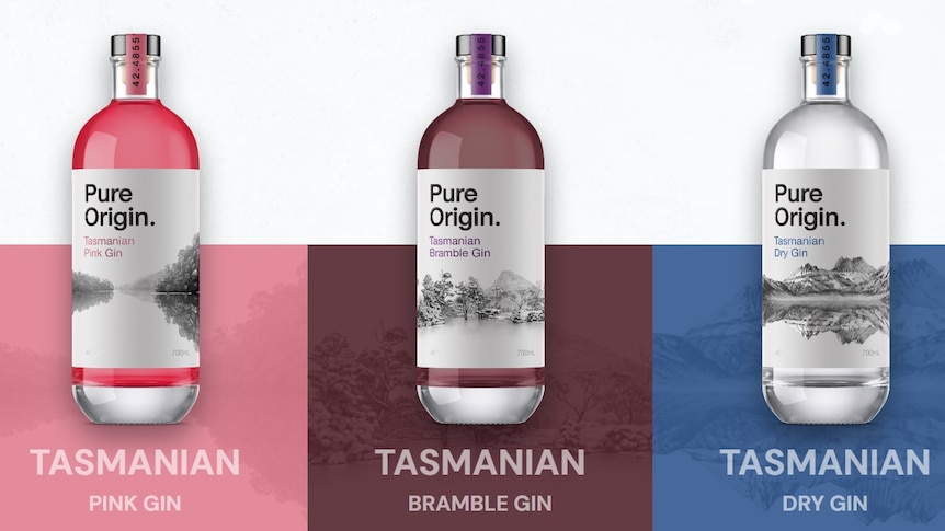 several bottles of gin and vodka with the words tasmanian gin