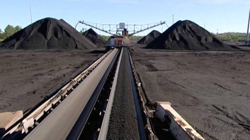 Coal on conveyor belt at unknown Qld mine, with hills of coal either side.