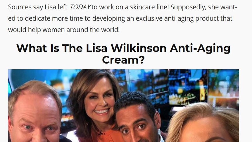 Screen shot of fake article: What is the Lisa Wilkinson Anti-Aging cream?