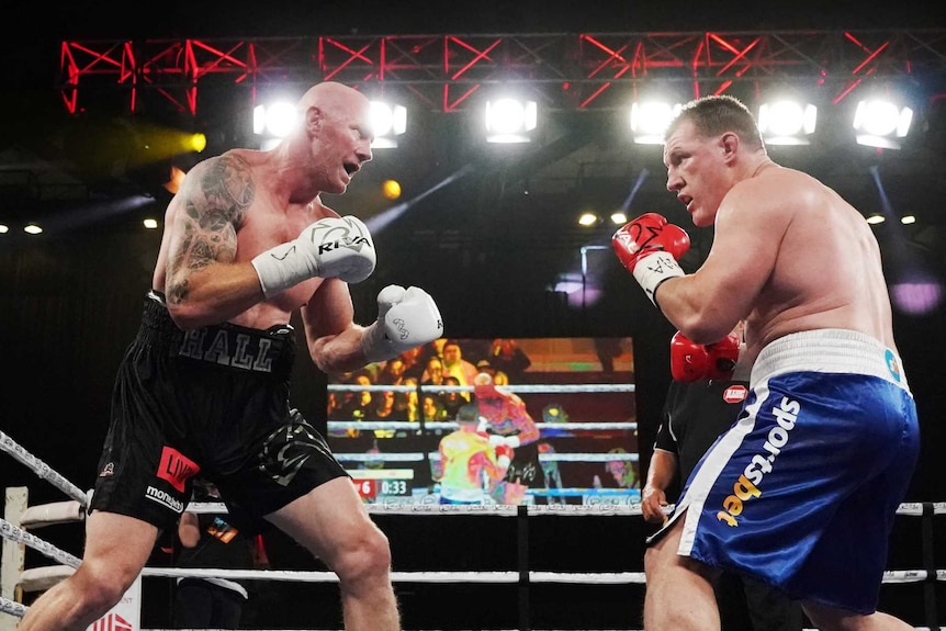 Two boxers have their fists at the ready in a boxing bout