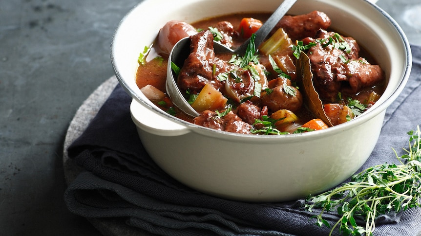 Beef bourguignon in pan. 