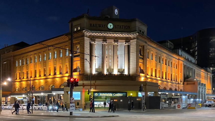 The SkyCity casino and Adelaide Railway Station building.