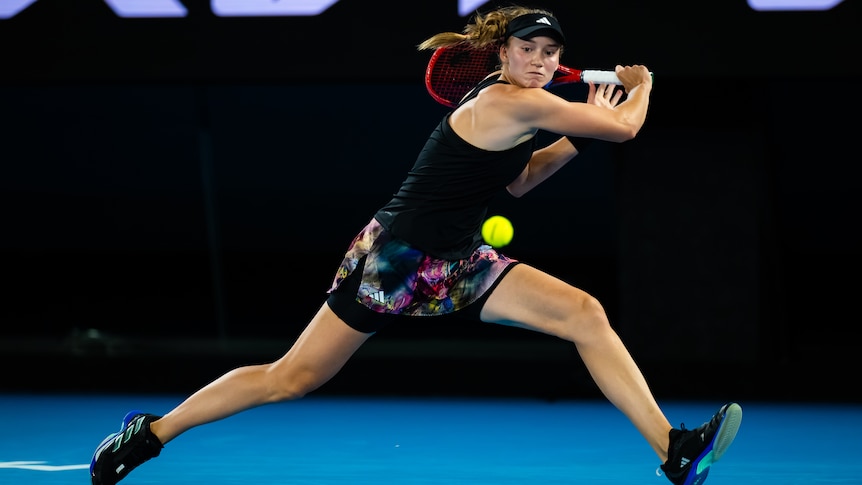 Tennis player Elena Rybakina reaches for a backhand shot at the Australian Open