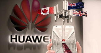 A graphic comprising of a Huawei phone and flags of UK, Canada and New Zealand, against the backdrop of a Huawei logo.