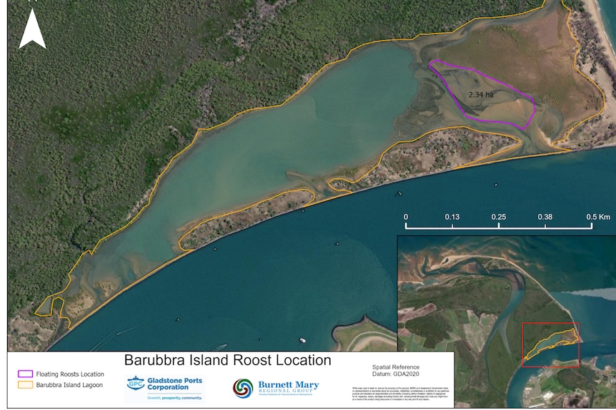 A map showing Barubbra Island and the Burnett River