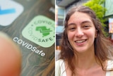 Photo composite with an iPhone screen and a smiling woman