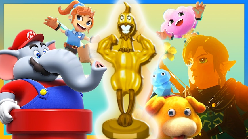 Golden rubber chicken statue in the middle of image, with elephant Mario, Link, pikmin and  othe game characters around it.