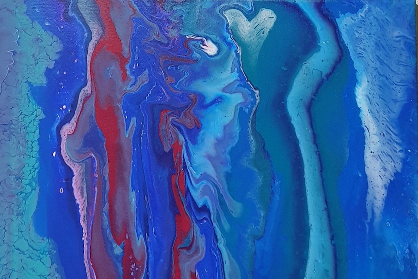 An abstract painting showing swirling blues and reds covering a canvas.