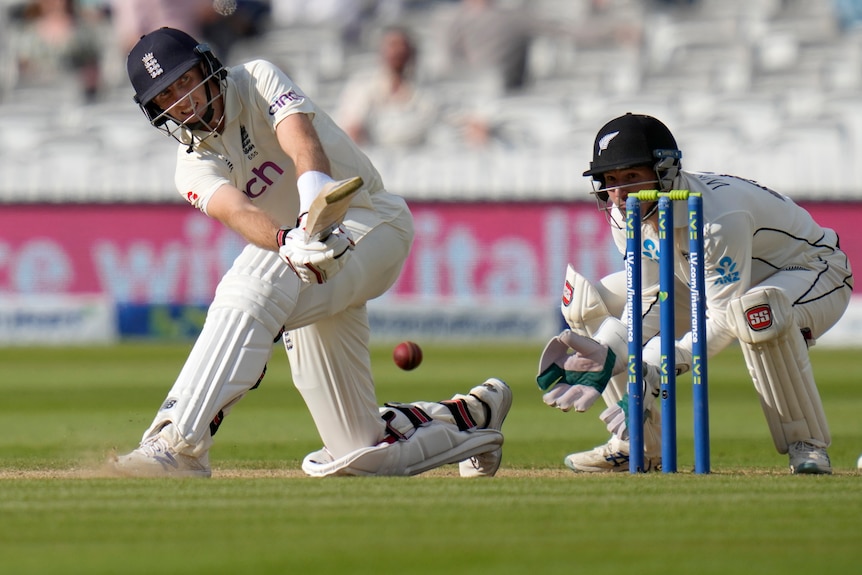 Joe Root plays a shot to the leg side as seen from side on