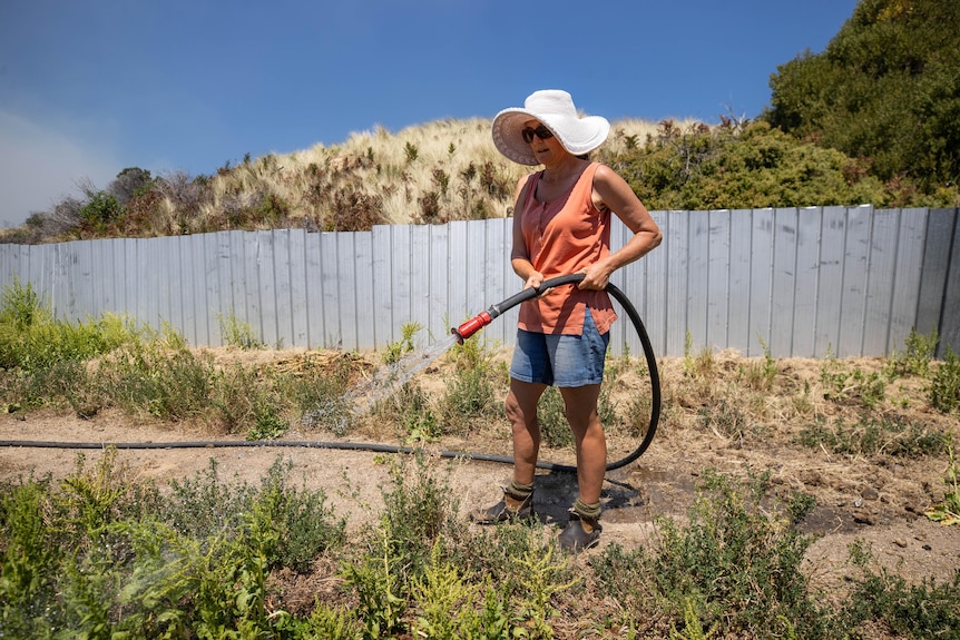 Robyn Moore watering down her vegetable garden.