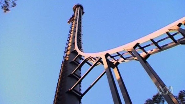 View looking up to big rollercoaster-type ride