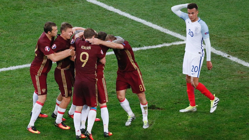 Russian players celebrate goal against England