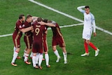 Russian players celebrate goal against England