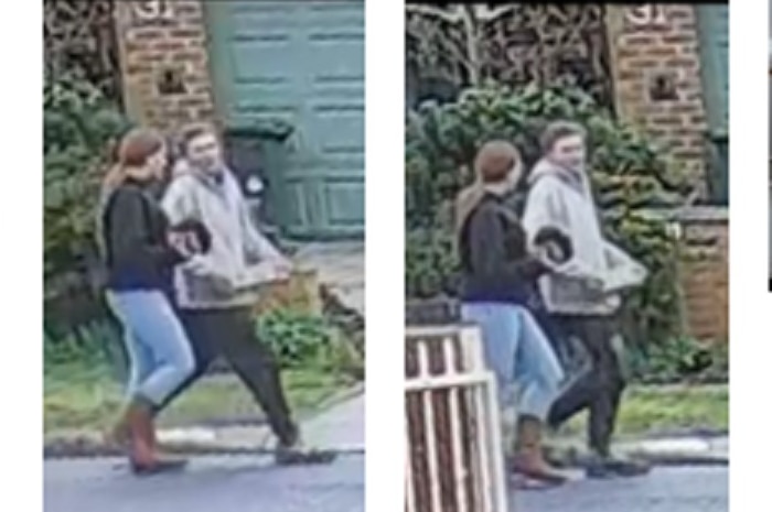 Three still images taken from a CCTV tape show a young man and woman walking along a suburban street.