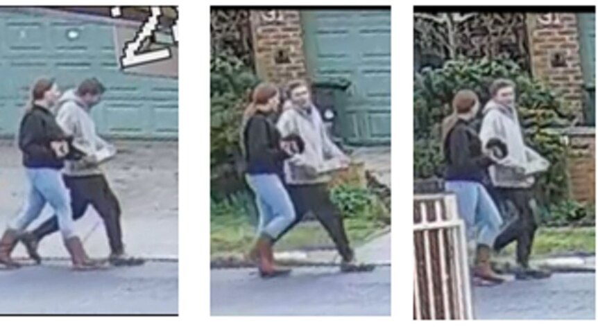 Three still images taken from a CCTV tape show a young man and woman walking along a suburban street.