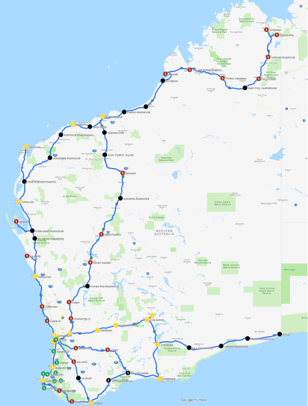 A map of WA with lines and nodes indicating EV charging sites