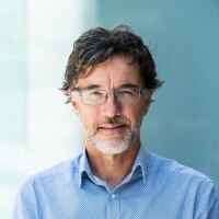 A half-smiling middle-aged man with a dark mop of hair, greying beard,  glasses, blue shirt.