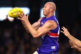 Western Bulldogs forward Barry Hall marks on the lead on his way to four goals against the Dockers