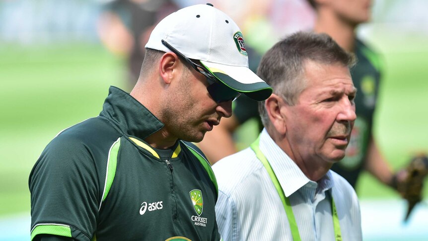 Moving on ... Rod Marsh (R) pictured with Michael Clarke during the 2015 Cricket World Cup