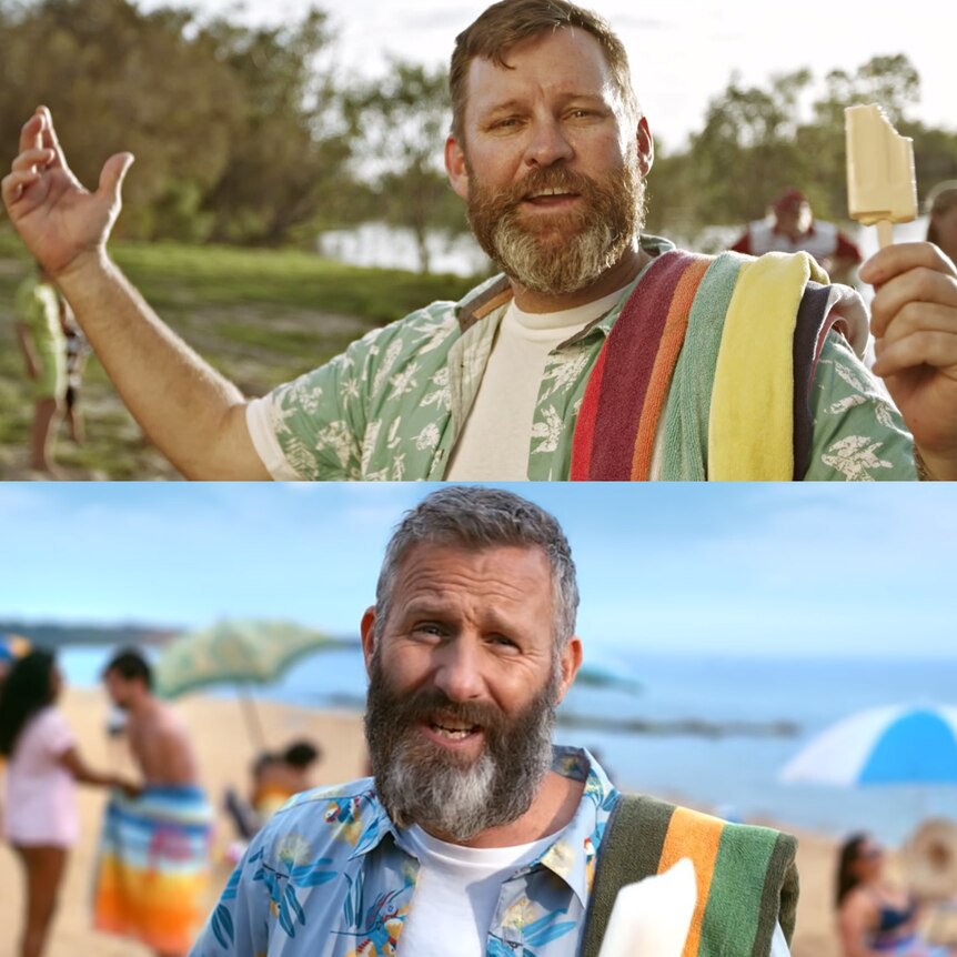 Composite image of a bearded man with a beach towel and icy pole on a river bank above a similar shot of Adam Hills on a beach