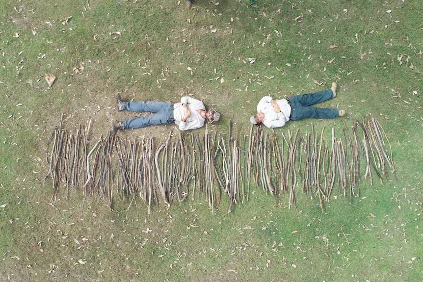 Aerial view of two rangers laying on grass next to a long line of sticks